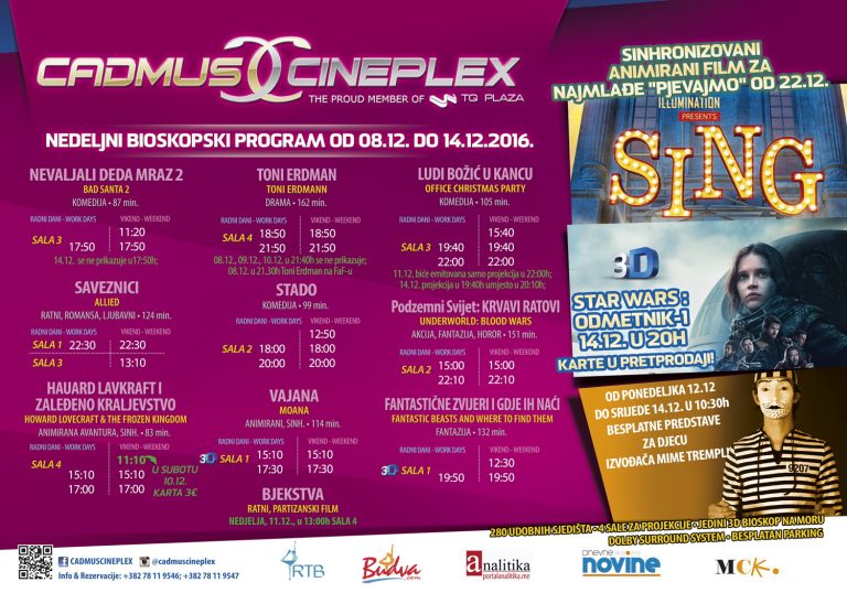 Cadmus Cineplex Budva kino program od 8. do 14. decembra