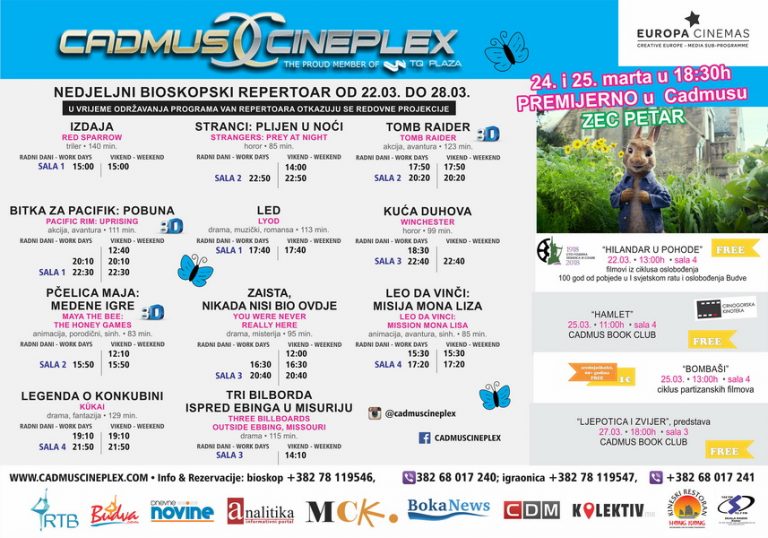 Cadmus Cineplex  Budva prikazuje od 22 – 28.marta