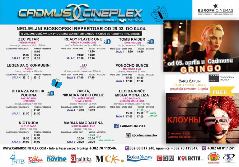 Cadmus Cineplex prikazuje od 29. marta do 4. aprila