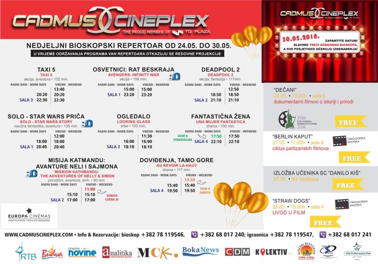 Cadmus Cineplex prikazuje od 24. maja do 30.maja