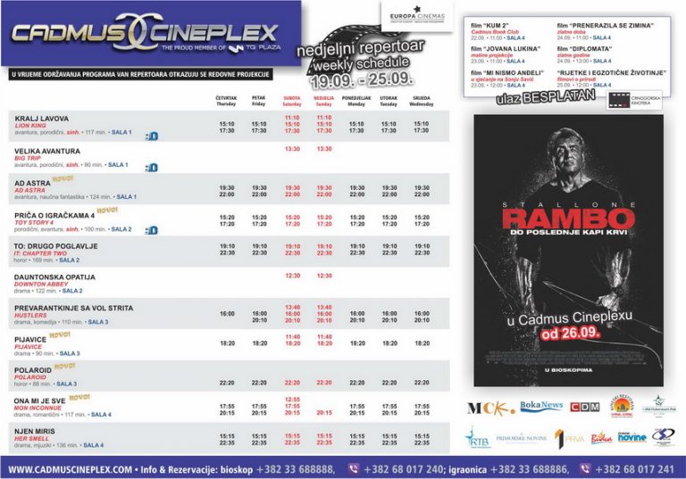 Cadmus Cineplex prikazuje od 19. do 25. septembra