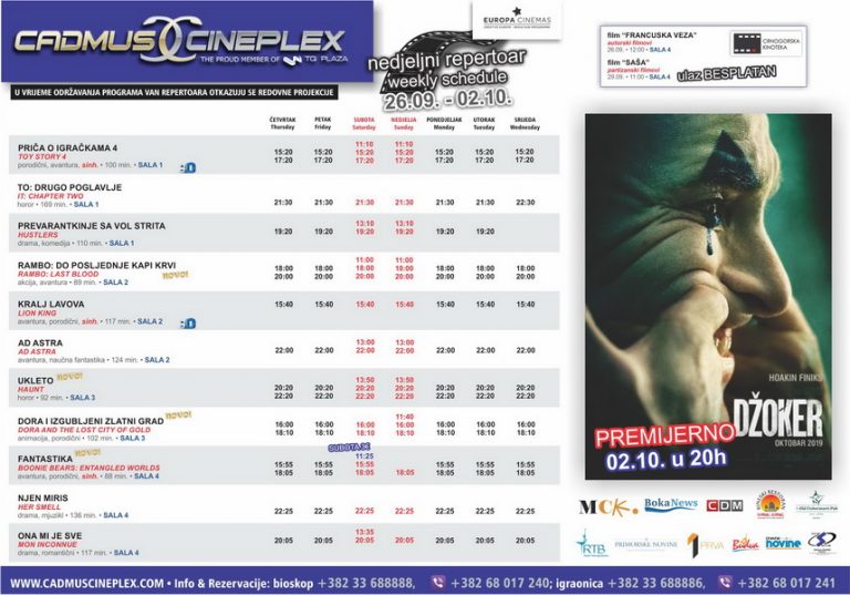 Cadmus Cineplex prikazuje od 26.septembra do 2.oktobra