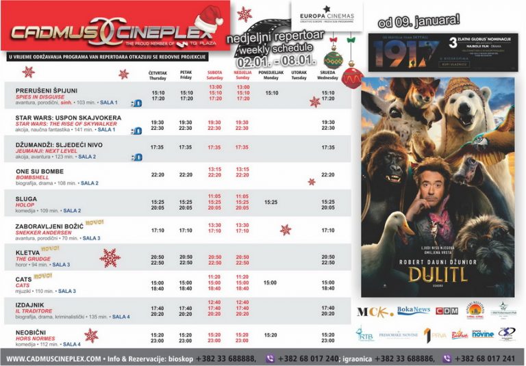 Cadmus Cineplex prikazuje od 2. do 8. januara