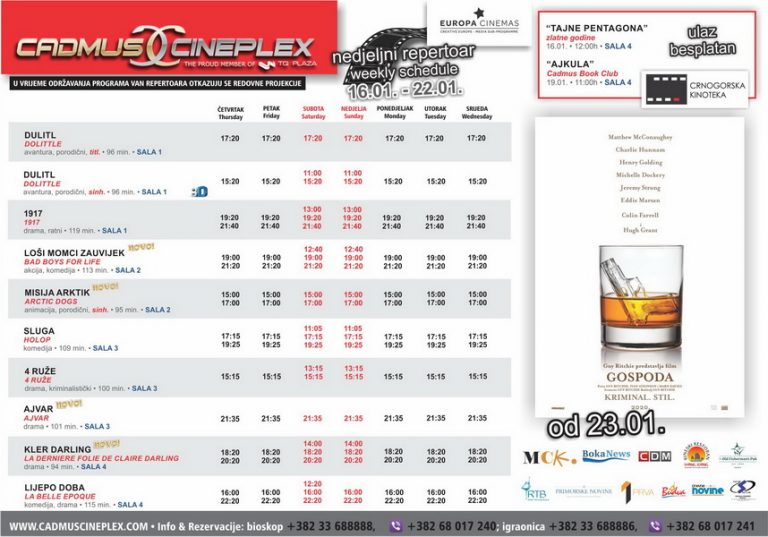 Cadmus Cineplex prikazuje od 16. do 21. januara