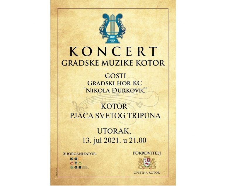 Koncert Gradske muzike Kotor u utorak 13. jula