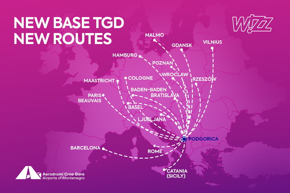 Wizz Air otvara bazu u Podgorici 30. marta: Sedamnaest novih ruta Wizz Air otvara bazu u Podgorici 30. marta: Sedamnaest novih ruta